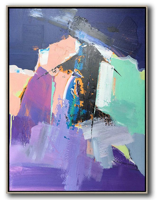 Extra Large Acrylic Painting On Canvas,Vertical Palette Knife Contemporary Art,Original Art Acrylic Painting,Purple,Pink,Black,Lake Blue,Dark Blue.Etc